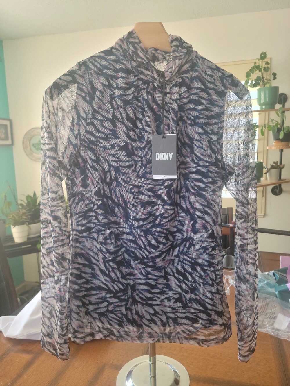 DKNY Black Multi-Print Sheer Mesh Top